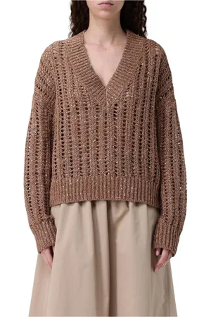 Brunello Cucinelli Femme, Pulls, Brun, Taille: 38 FR Pull marron à sequins et col en V