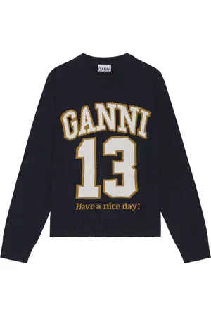 Ganni Femme, Pulls, Bleu, Taille: 38 FR Pull en mélange de laine bleu foncé à motif graphique