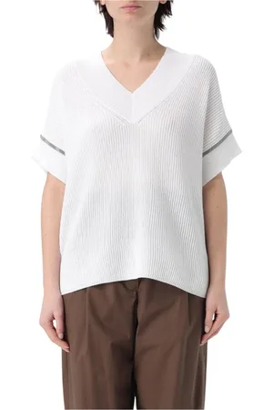 Brunello Cucinelli Femme, Pulls, Blanc, Taille: 40 FR Pull Blanc à Manches Courtes Côtelé