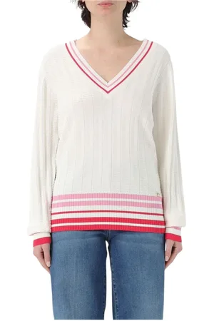 Liu Jo Femme, Pulls, Blanc, Taille: 36 FR Pull Blanc à Côtes Col en V