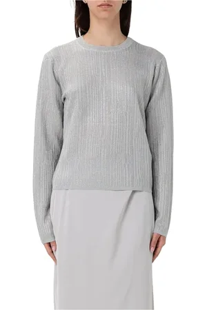 Armani Exchange Femme, Pulls, Gris, Taille: 38 FR Pull à col rond en tricot métallique argenté