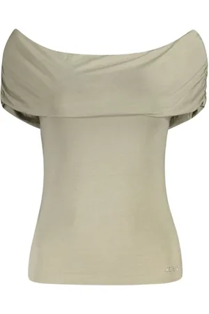 Guess Femme, Blouses et Chemises, , Taille: 38 FR T-shirt vert en modal avec épaules dénudées et strass