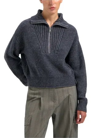 OLAF HUSSEIN Femme, Pulls, Gris, Taille: 38 FR Élégant Pull à Demi-Zip en Mérinos
