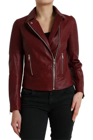 Dolce & Gabbana Femme, Vestes, Rouge, Taille: 36 FR Veste en Cuir Bordeaux Biker