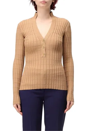 Elisabetta Franchi Femme, Pulls, Brun, Taille: 42 FR Pull en Tricot Côtelé Col en V Chameau
