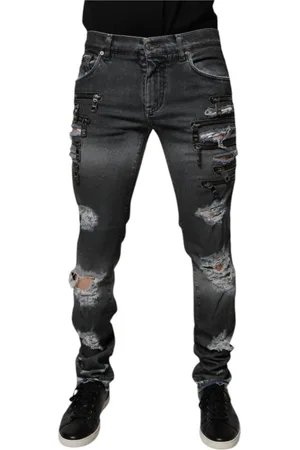 Dolce & Gabbana Homme, Jeans, Gris, Taille: M Jeans Skinny en Denim Déchiré avec Détails du Logo