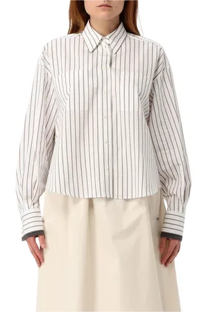 Brunello Cucinelli Femme, Blouses et Chemises, Blanc, Taille: 40 FR Chemise à Rayures Bleues à Boutons