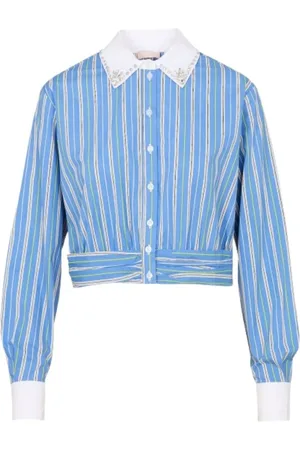 Liu Jo Femme, Blouses et Chemises, Bleu, Taille: 42 FR Chemise Courte en Coton Rayée avec Strass