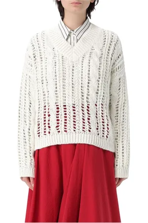 Brunello Cucinelli Femme, Pulls, Blanc, Taille: 36 FR Pull en Coton Blanc à Col en V
