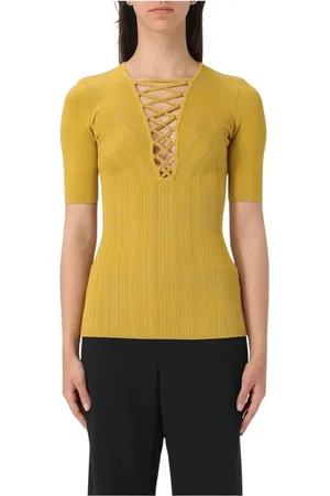 Elisabetta Franchi Femme, Tops, Jaune, Taille: 38 FR Haut en Tricot Côtelé en Ocre
