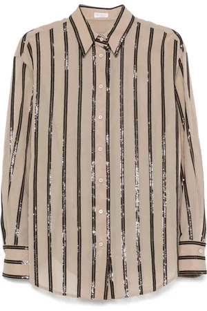 Brunello Cucinelli Femme, Blouses et Chemises, Brun, Taille: 36 FR Chemise Marron Clair à Boutons Col Classique