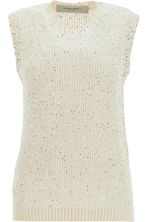 Golden Goose Femme, Pulls, Blanc, Taille: 36 FR Haut Tricot Sans Manches Détail Brillant