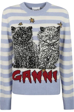 Ganni Femme, Pulls, Bleu, Taille: 38 FR Pull à manches longues avec graphique de chat rayé bleu
