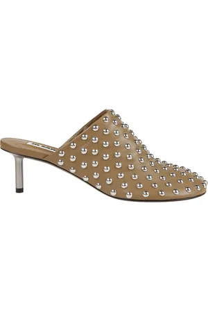 Jil Sander Femme, Chaussures, Brun, Taille: 36 EU Mules à talon kitten en cuir kaki clouté