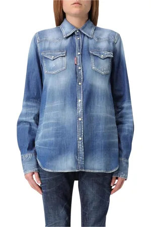 Dsquared2 Femme, Blouses et Chemises, Bleu, Taille: 38 FR Chemise en Denim Déchirée Élégante