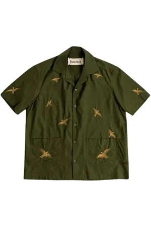 Baziszt Homme, Chemises, Vert, Taille: XL Chemise Khaki Brodée Oiseaux