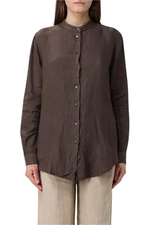 FAY Femme, Blouses et Chemises, Brun, Taille: 38 FR Chemise en Lin Marron Col Mandarin