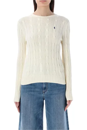 Ralph Lauren Femme, Pulls, Blanc, Taille: 36 FR Pull à Col Rond en Tricot Bleu Marine