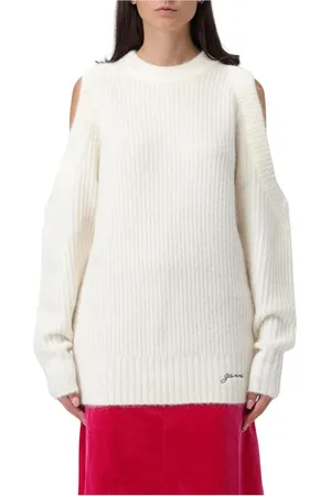 Ganni Femme, Pulls, Blanc, Taille: 40 FR Pull à Épaules Dénudées en Tricot Côtelé