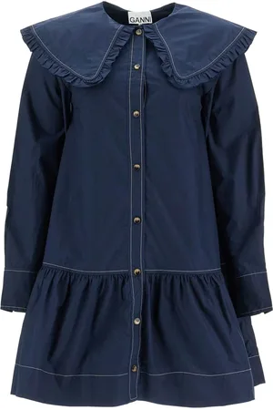 Ganni Femme, Robes, Bleu, Taille: 36 FR Col à Volants Mini Robe en Coton