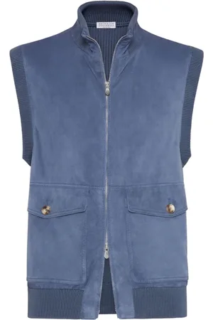 Brunello Cucinelli Homme, Vestes, Bleu, Taille: L Gilet en cuir bleu avec col haut