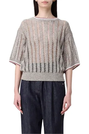 Brunello Cucinelli Femme, Pulls, Brun, Taille: 36 FR Pull Beige en Maille Ouverte