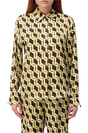 Msgm Femme, Blouses et Chemises, Brun, Taille: 36 FR Chemisier en Soie à Imprimé Géométrique