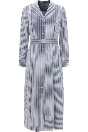 Thom Browne Femme, Robes, Bleu, Taille: 38 FR Robe Chemisier à Rayures Volantées