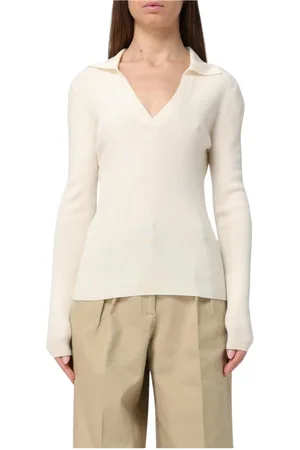 Allude Femme, Pulls, Blanc, Taille: 42 FR Pull Blanc à Col en V Côtelé