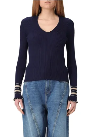 Twin-Set Femme, Pulls, Bleu, Taille: 44 FR Pull bleu à col en V côtelé