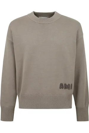 Ami Homme, Pulls, Gris, Taille: XL Pull col rond en coton et laine avec logo brodé