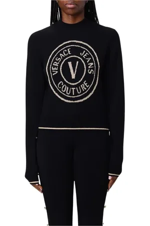VERSACE Femme, Pulls, Noir, Taille: 40 FR Pull en Tricot Noir avec Logo