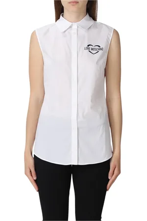 Moschino Femme, Blouses et Chemises, Blanc, Taille: 34 FR Chemisier Popeline Blanc, Sans Manches, Style Chic