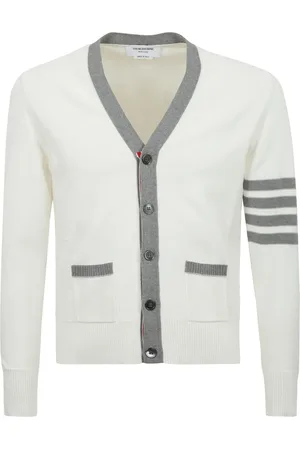 Thom Browne Homme, Pulls, Blanc, Taille: L Cardigan brodé avec bordure et logo contrastés