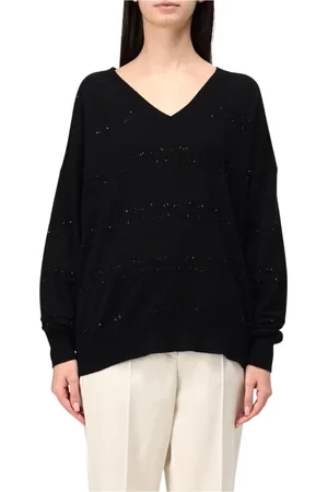 LORENA ANTONIAZZI Femme, Pulls, Noir, Taille: 38 FR Pull en laine à col en V pailleté