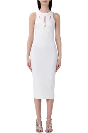 Elisabetta Franchi Femme, Robes, Blanc, Taille: 38 FR Élégante Robe Midi Côtelée