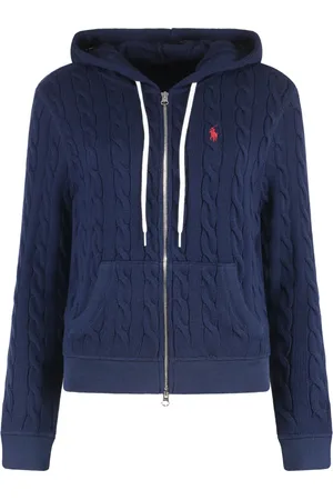 Ralph Lauren Femme, Pulls, Bleu, Taille: 42 FR Cardigan à Capuche en Coton avec Poches