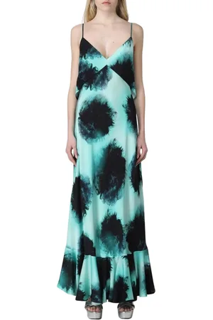 DEL CORE Femme, Robes, Bleu, Taille: 36 FR Robe Longue Turquoise à Ourlet Volanté