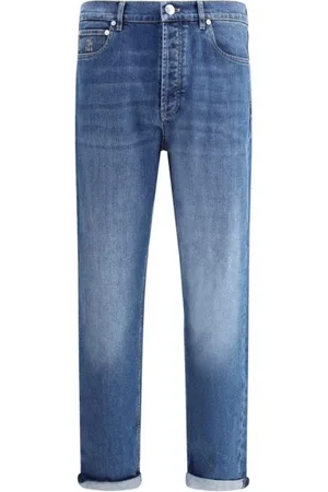 Brunello Cucinelli Homme, Jeans, Bleu, Taille: 2XL Jean en Coton Droit de Luxe Patch en Cuir