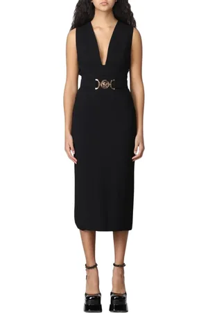 VERSACE Femme, Robes, Noir, Taille: 36 FR Robe Midi Noire sans Manches à Col en V