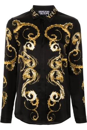 VERSACE Femme, Blouses et Chemises, Multicolore, Taille: 36 FR Chemise Noire et Or au Design Baroque
