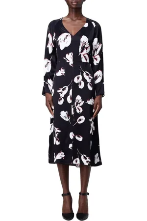 HUGO BOSS Femme, Robes, Noir, Taille: 38 FR Élégante Robe Midi en Soie Florale