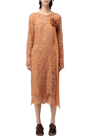 ERMANNO SCERVINO Femme, Robes, Brun, Taille: 38 FR Robe Midi en Dentelle Marron avec Détail Floral