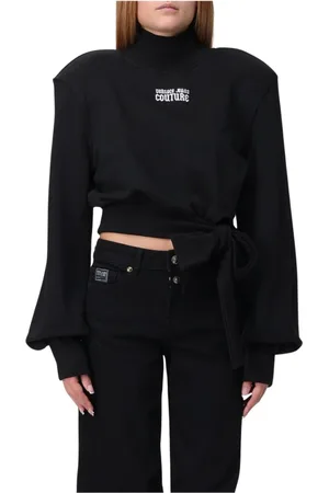 VERSACE Femme, Pulls, Noir, Taille: 36 FR Sweat en Tricot Noir avec Ceinture à Nouer