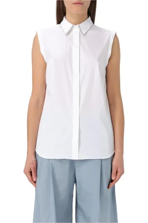 Brunello Cucinelli Femme, Blouses et Chemises, Blanc, Taille: 42 FR Chemisier sans Manches en Coton Marron avec Col