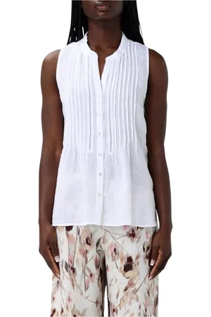 120% Lino Femme, Blouses et Chemises, Blanc, Taille: 36 FR Chemisier sans manches en lin blanc