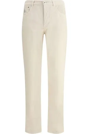 Brunello Cucinelli Homme, Pantalons, Blanc, Taille: XL Pantalon en Velours Côtelé avec Patch en Cuir Logo
