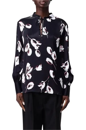 HUGO BOSS Femme, Blouses et Chemises, Noir, Taille: 40 FR Chemisier en Soie à Imprimé Tulipe