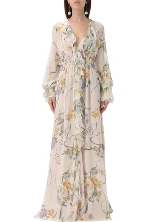 BLUMARINE Femme, Robes, Blanc, Taille: 36 FR Robe Maxi Florale à Volants