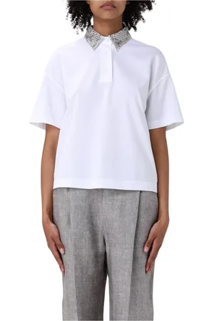 Brunello Cucinelli Femme, Tops, Blanc, Taille: 42 FR Polo Blanc avec Col Orné